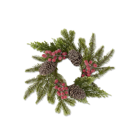 13 INCH GLITTERED ICY MIXED PINE CANDLE RING W/RED BERRIES & PINECONE