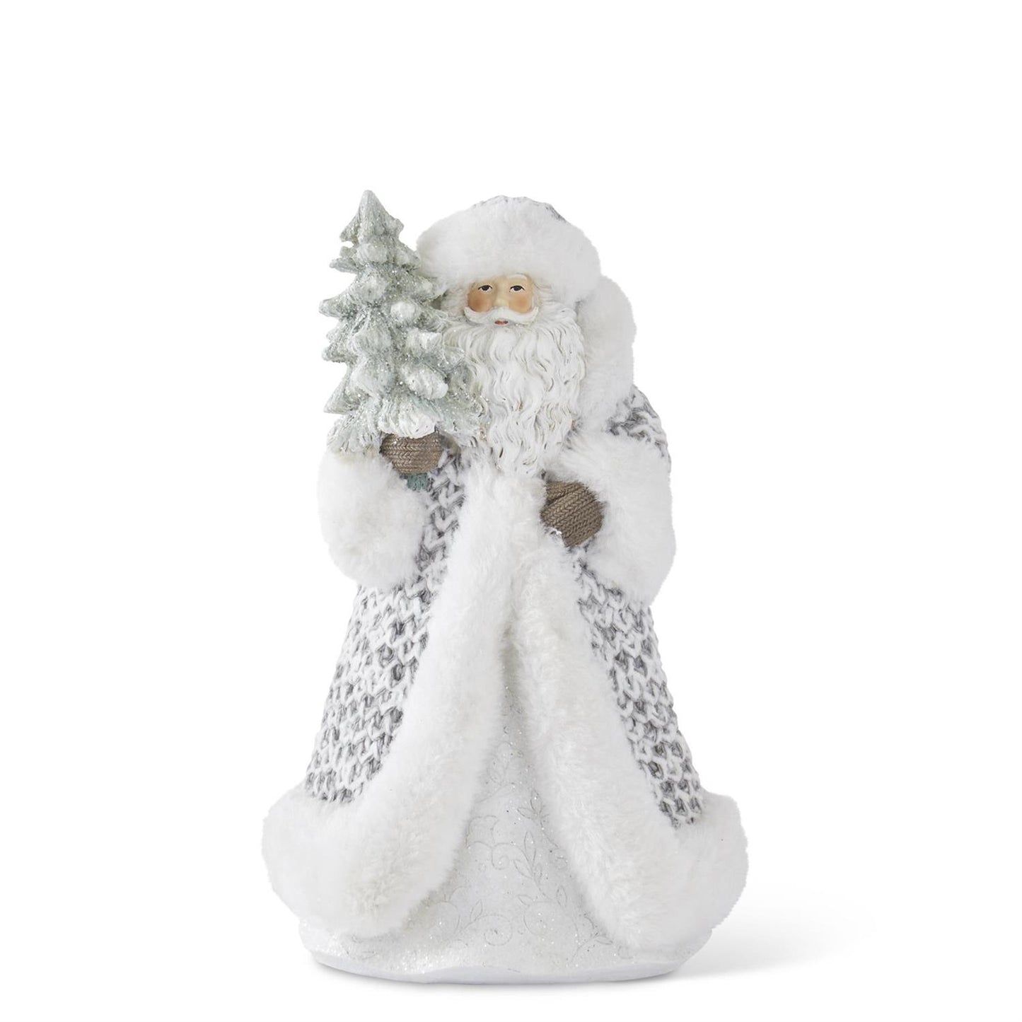 10 INCH FUR TRIMMED GRAY KNIT COAT RESIN SANTA W/GLITTERED TREE