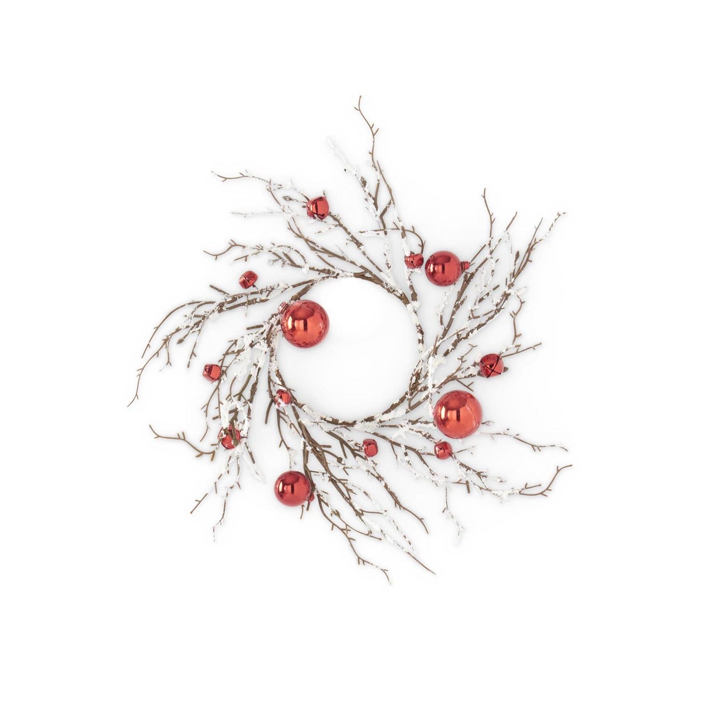 14 Inch Red Ornaments & Bells Glittered Flocked White Candle Ring