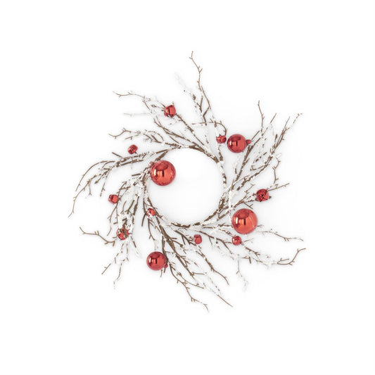 14 Inch Red Ornaments & Bells Glittered Flocked White Candle Ring