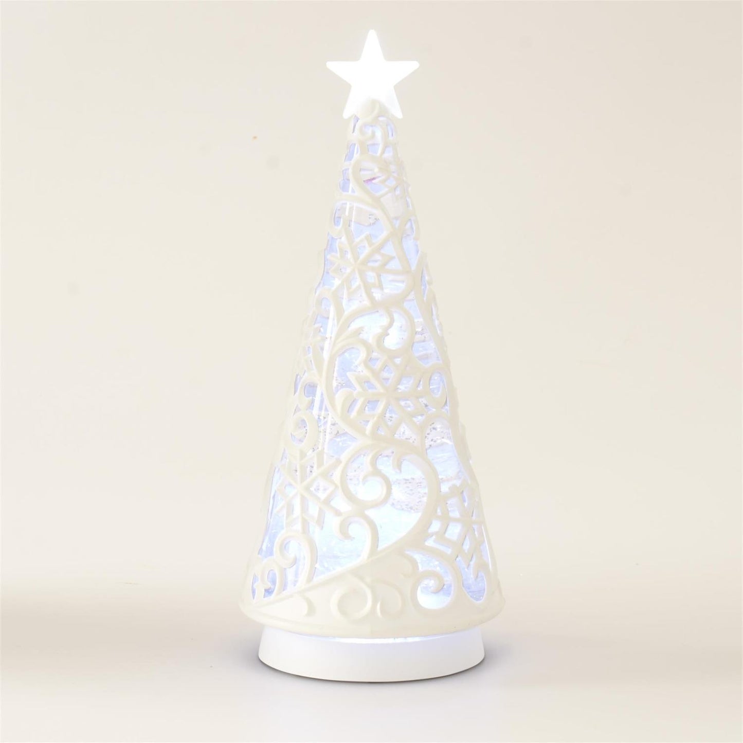 12 INCH WHITE CUTOUT ACRYLIC WATER SPINNING LED CHRISTMAS TREE W/TIMER