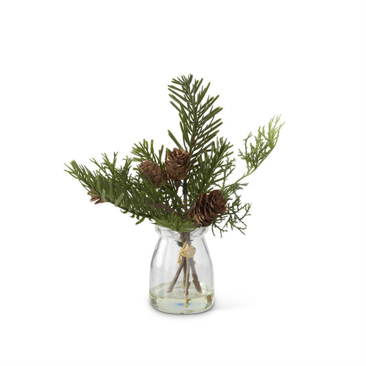 8 INCH PINE SPRIG W/MINI PINECONE IN GLASS VASE