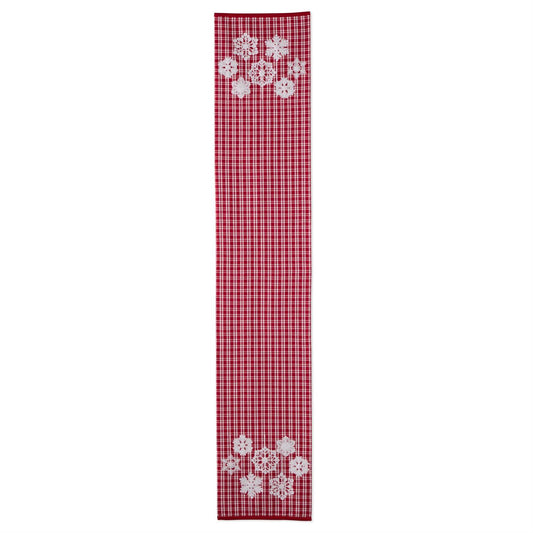 72 Inch Red & White Plaid Table Runner w/Embroidered Snowflakes