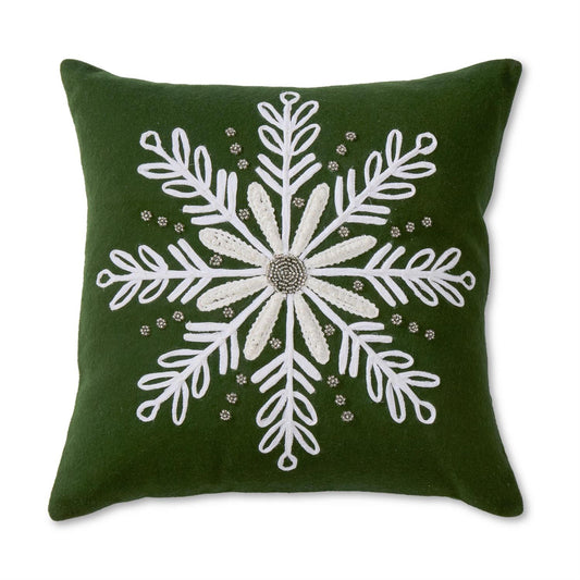 20 Inch Green Wool Pillow w/White Beaded Snowflake Applique