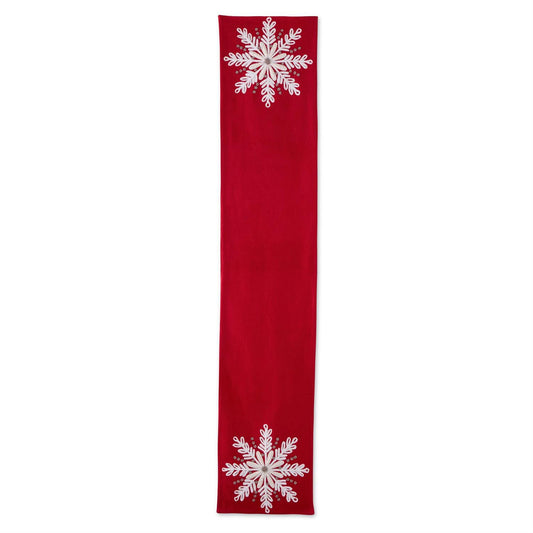 72 Inch Red Wool Table Runner w/White Beaded Snowflake Applique