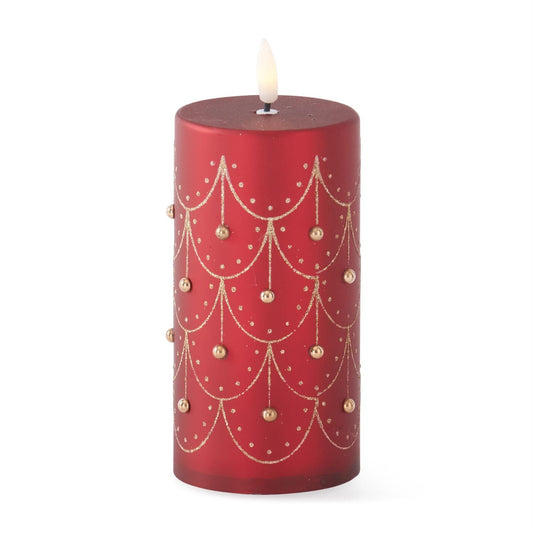 6.75 Inch Gold Trim Red Pillar Candle w/LED Flame & Timer