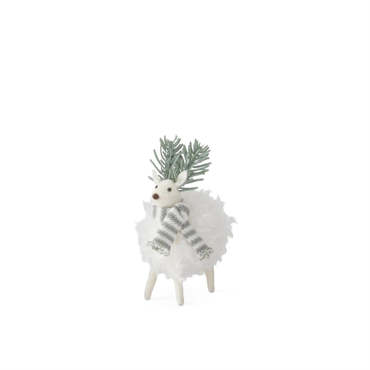 7 Inch White Wool Deer w/Evergreen Antlers