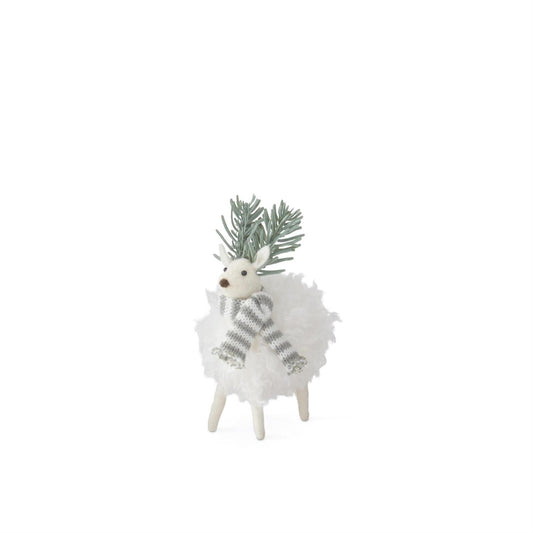 7 Inch White Wool Deer w/Evergreen Antlers