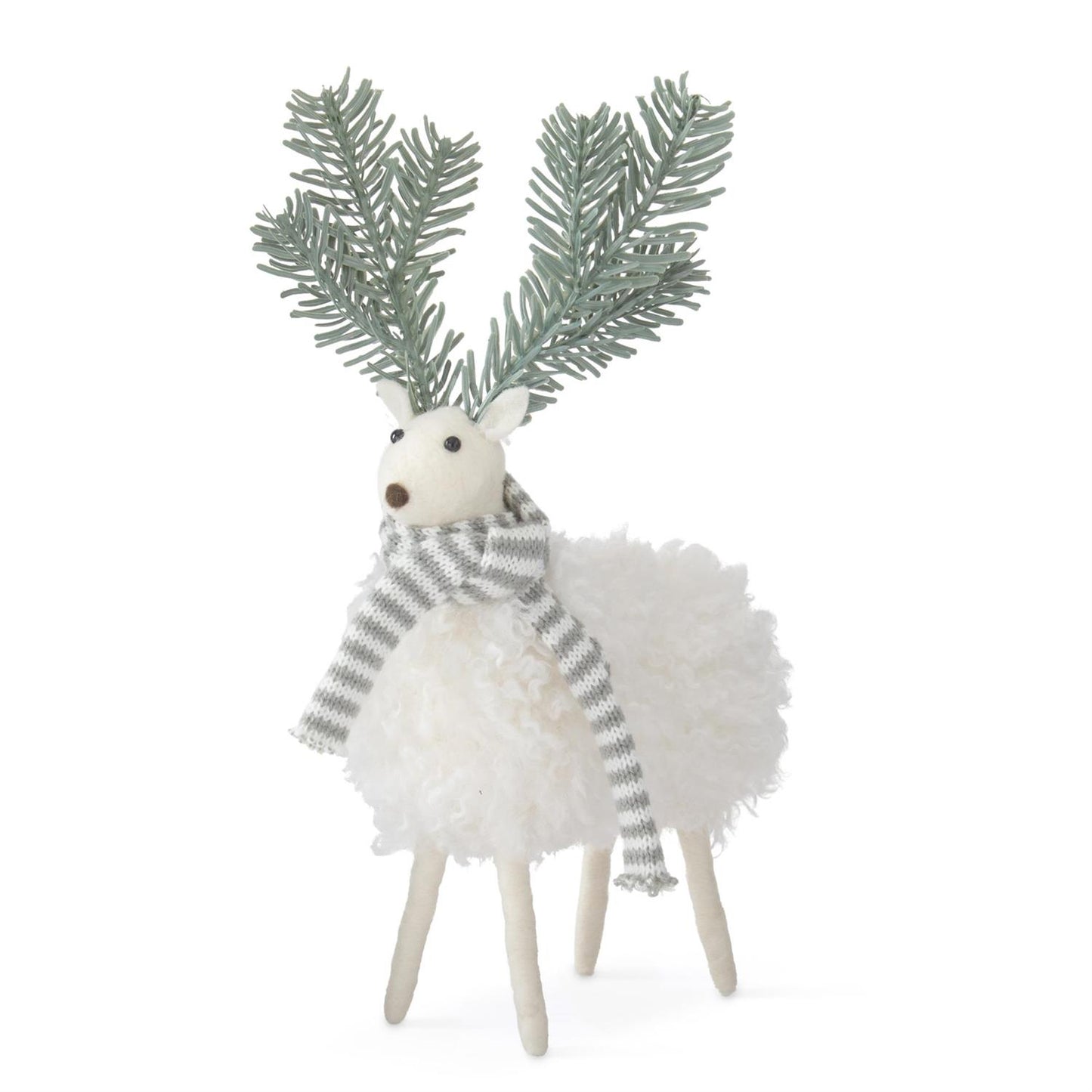 13.5 Inch White Wool Deer w/Evergreen Antlers