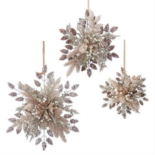 Glittered Snowflake Ornaments w/Leaves Berries & Pinecones