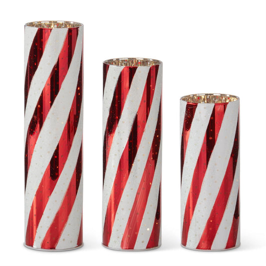 Red & White Swirl Striped LED Cylinder Lanterns w/Timer