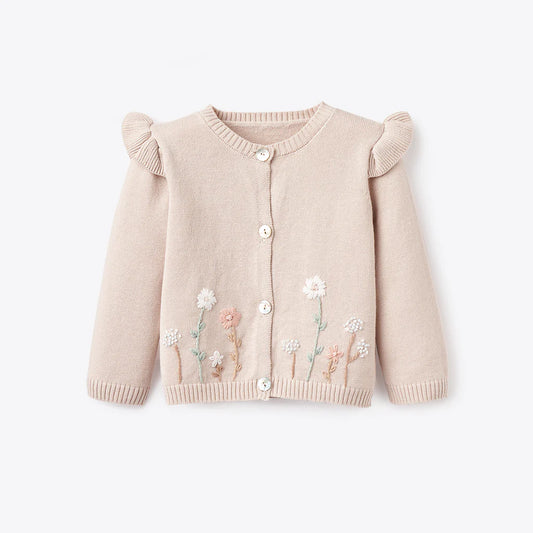 Taupe Flutter Sleeve Hand-Embroidered Baby Cardigan