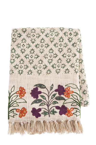 Green Block Print Flower Throw