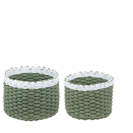 Round White & Green Woven Basket
