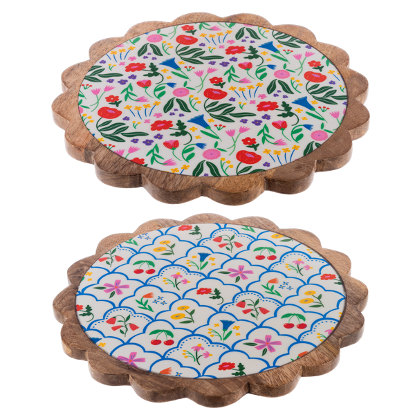 Scallop Edge Colorful Flower & Patchwork Serving Tray