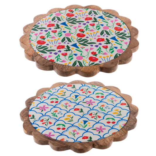 Scallop Edge Colorful Flower & Patchwork Serving Tray