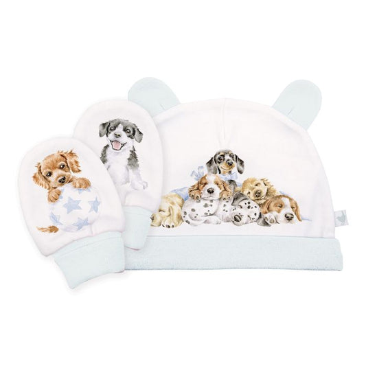 'LITTLE PAWS' DOG NEWBORN HAT AND MITTEN SET