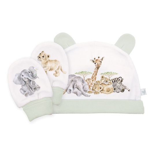 'LITTLE SAVANNAH' AFRICAN ANIMAL NEWBORN HAT AND MITTEN SET