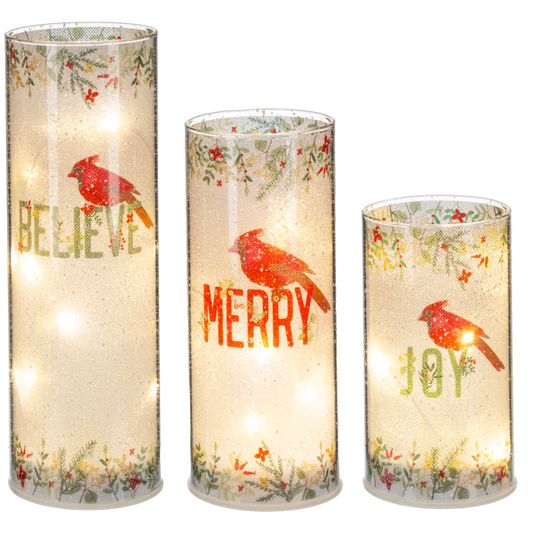 LED Light Up Botanical Cardinal Pillar Set