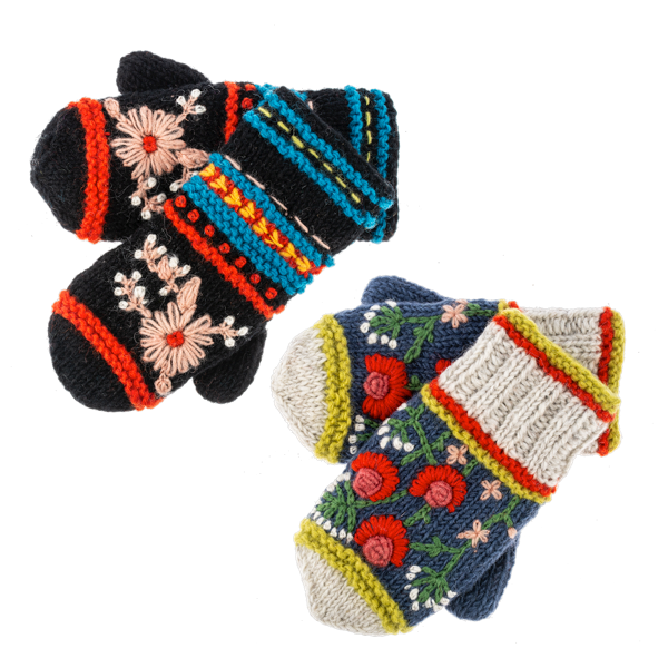 Knit Embroidered Colorful Mitten Pairs