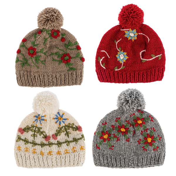 Embroidered Beanie Hats w/Pom-Pom