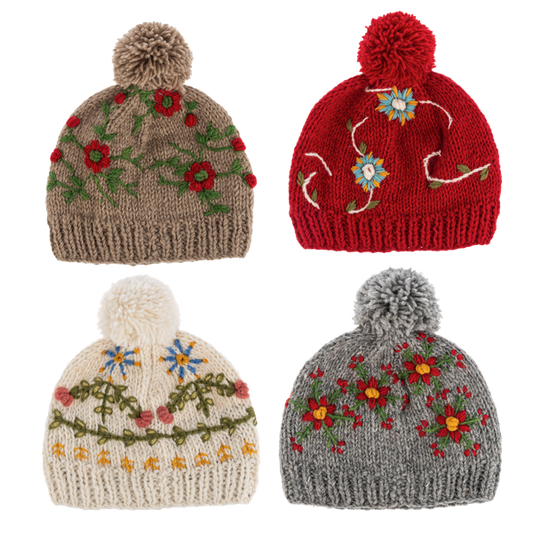 Embroidered Beanie Hats w/Pom-Pom