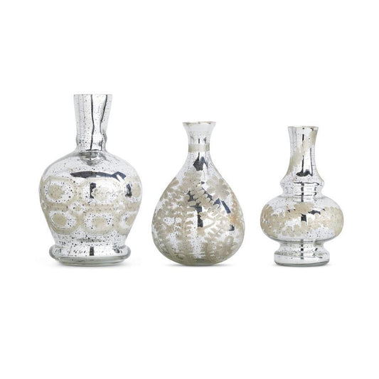 Assorted Silver Mercury Glass Etched Bud Vases w/Etching (3 Styles)