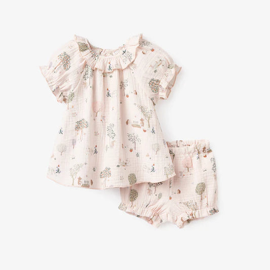 Garden Picnic Organic Muslin Ruffle Collar Top + Bloomer Set