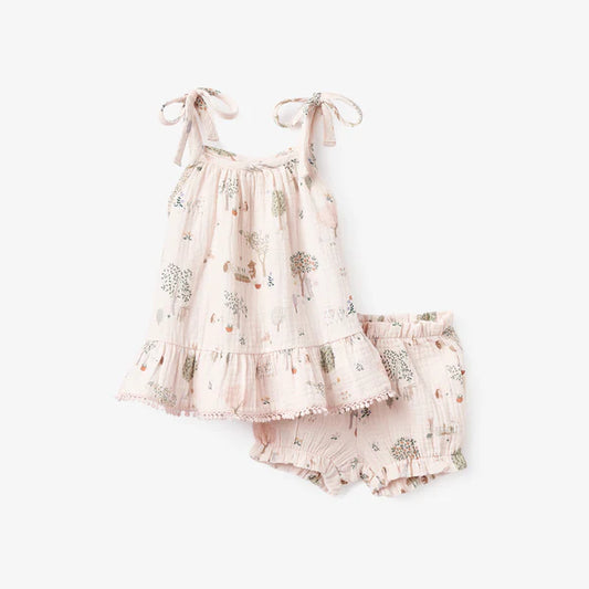 Garden Picnic Lace Edge Organic Muslin Tie Top + Bloomer Set