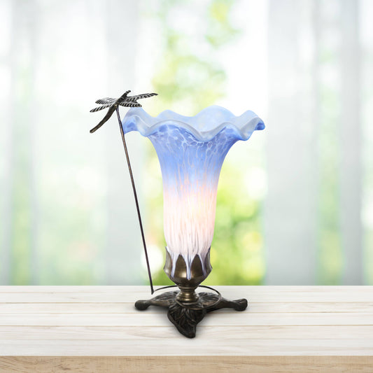 9"H Blue & White Handpainted Glass Dragonfly Lily Lamp